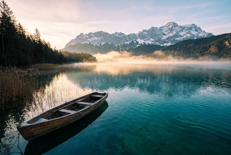 Voralpensee im Morgenlicht mit Ruderboot und Bergkette