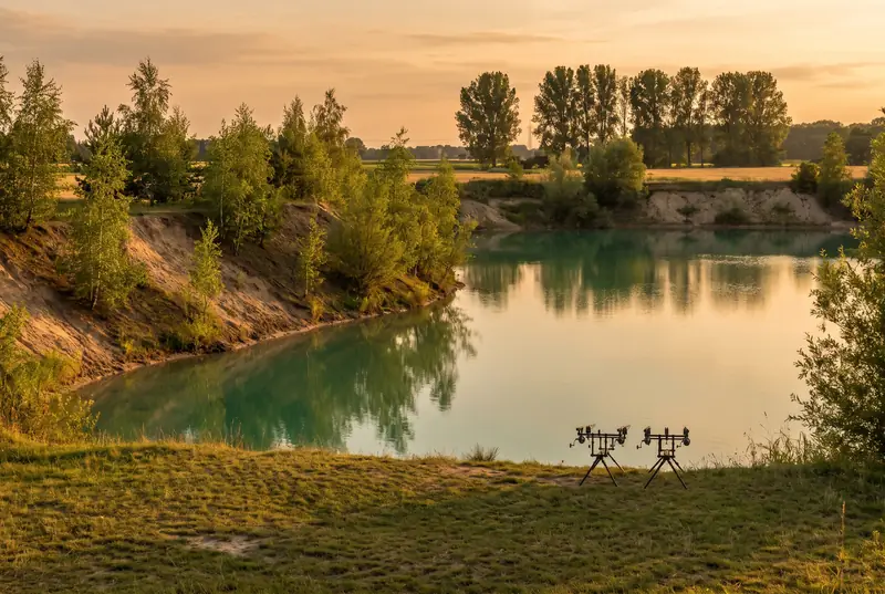 Baggersee mit steilen Ufern und Birken im Abendlicht