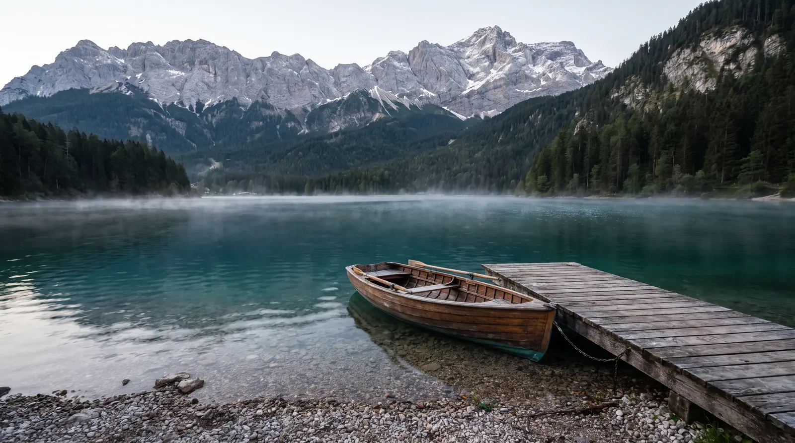 Voralpensee im Morgenlicht, ein Holzruderboot liegt am Steg über kiesigem Grund, dahinter bewaldete Hänge und die verschneiten Kalkgipfel der Alpen