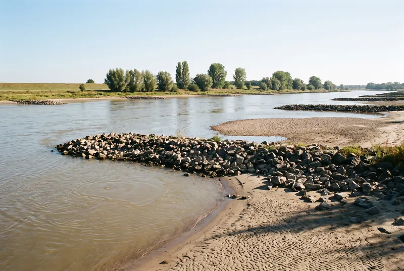 Großer Fluss bei Niedrigwasser, zwischen den Steinbuhnen liegen breite Sandbänke frei, das braune Wasser zieht in Strömungslinien vorbei, dahinter eine flache Reihe Pappeln