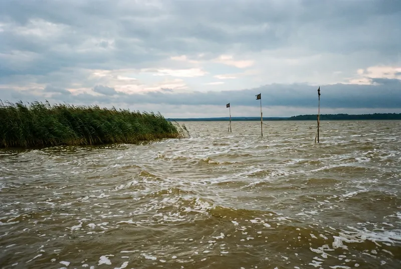 Großer flacher See bei Wind, kurze Wellen mit Schaumkämmen bis an den Bildrand, links ein Schilfgürtel, im offenen Wasser drei Markierungsstangen mit kleinen Fahnen unter grauem Wolkenhimmel.