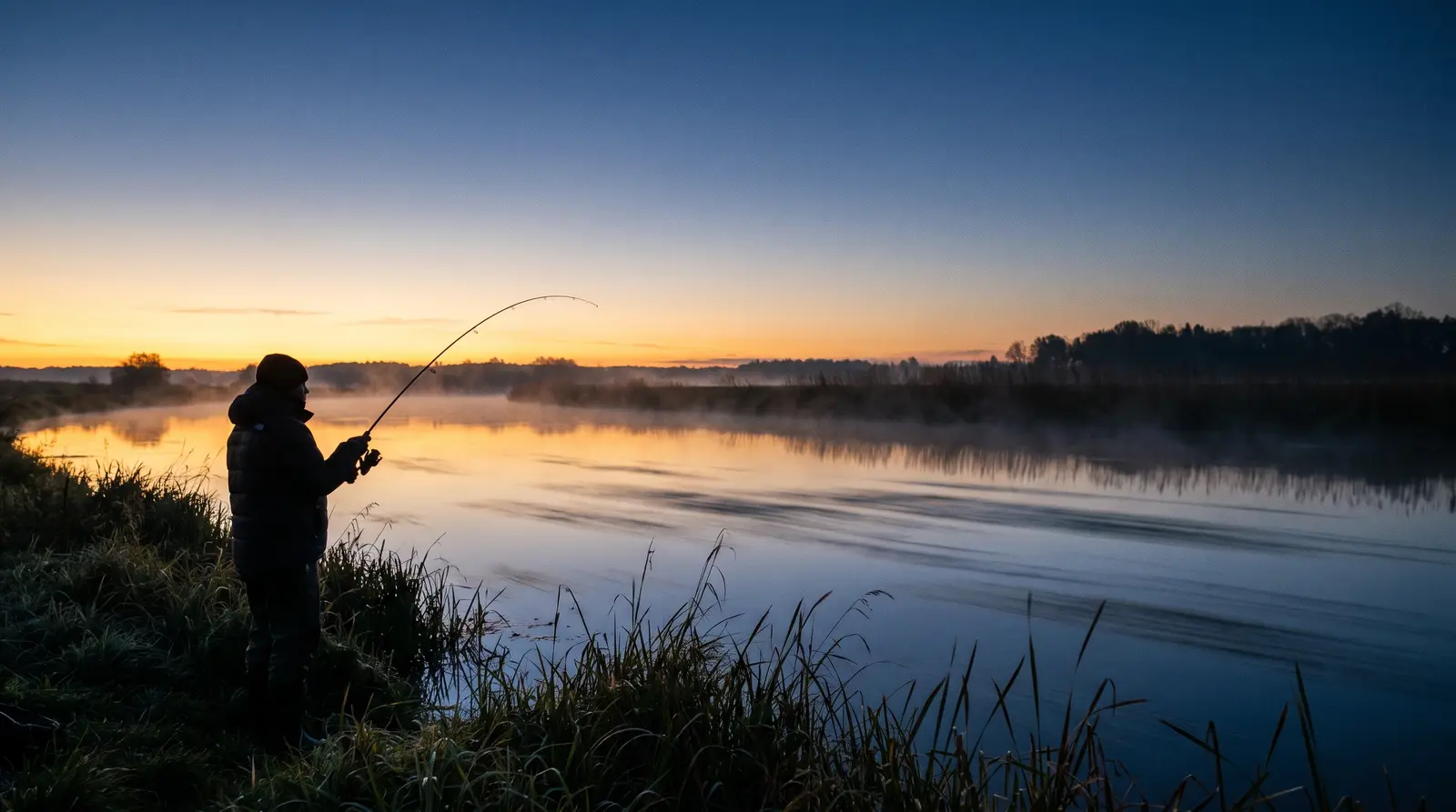 Angler als Silhouette am Ufer eines Flusses in der Morgendämmerung, Nebel über dem Wasser