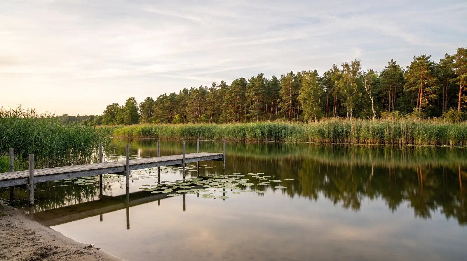 Schmaler Waldsee im Abendlicht, ein einfacher Holzsteg läuft über Seerosen hinaus ins ruhige Wasser. Dahinter ein dichter Schilfgürtel vor Kiefern und Birken, im Vordergrund flaches, sandiges Ufer