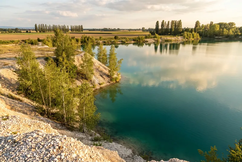 Klarer Baggersee der Oberrheinebene mit steiler Kiesbank und Birken am Ufer