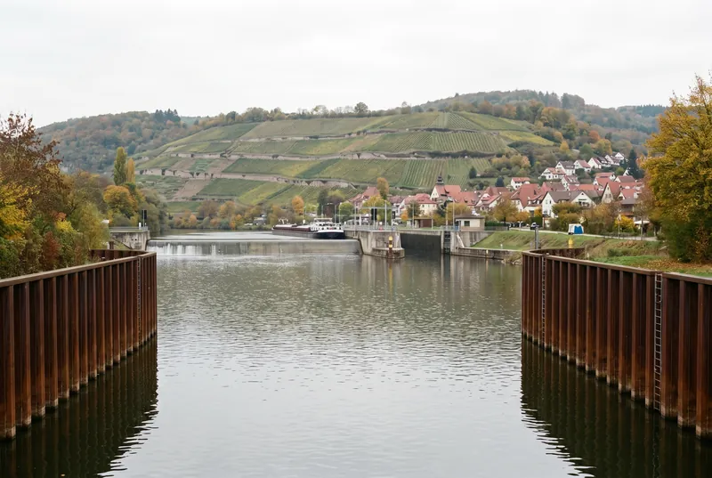 Aufgestauter Neckar zwischen Spundwänden, dahinter Wehr, Schleuse und Weinberge über einer kleinen Stadt