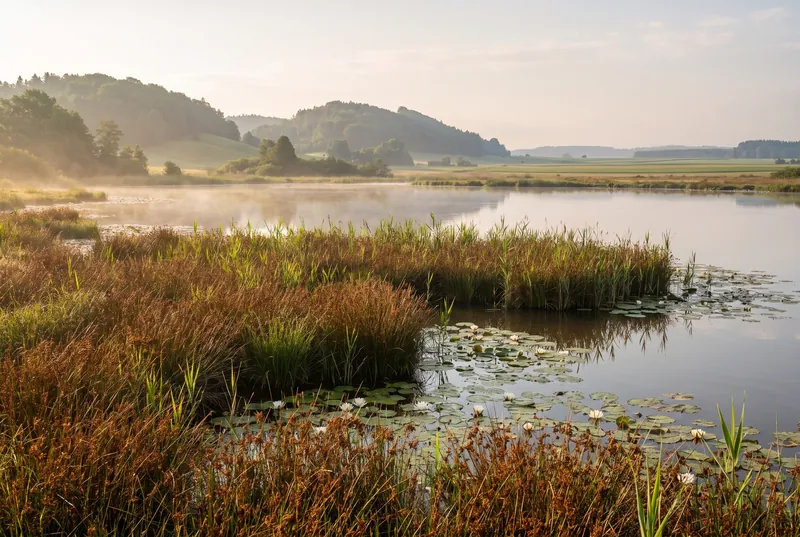 Flacher Moorsee in Oberschwaben mit Schilf, Seerosen und Morgennebel über dem Wasser