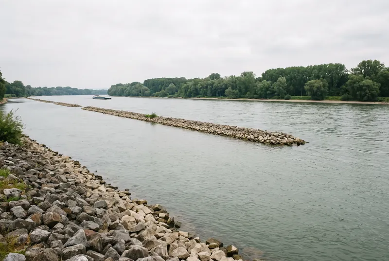 Breiter Rhein mit einer Reihe Steinbuhnen und grobem Blockwurf am Ufer