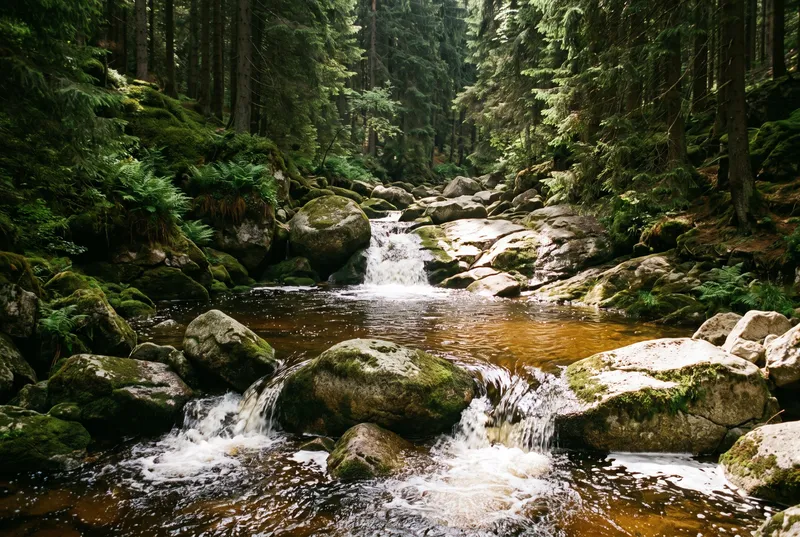 Moorbraunes Wasser läuft über große, moosbewachsene Granitblöcke in einen bernsteinfarbenen Gumpen, dicht darüber steht Fichtenwald