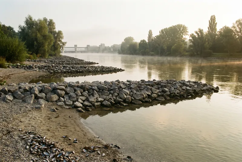 Morgendunst über einem breiten Strom, eine Reihe grober Steinbuhnen zieht vom sandigen Ufer mit Muschelschalen in die Ferne, dahinter die Pfeiler einer Staustufe