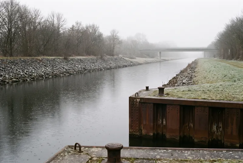 Grauer Wintermorgen am schnurgeraden Kanal, vorn eine rostige Spundwand mit Pollern, gegenüber eine Steinböschung über bereiftem Gras, im Nebel eine Betonbrücke
