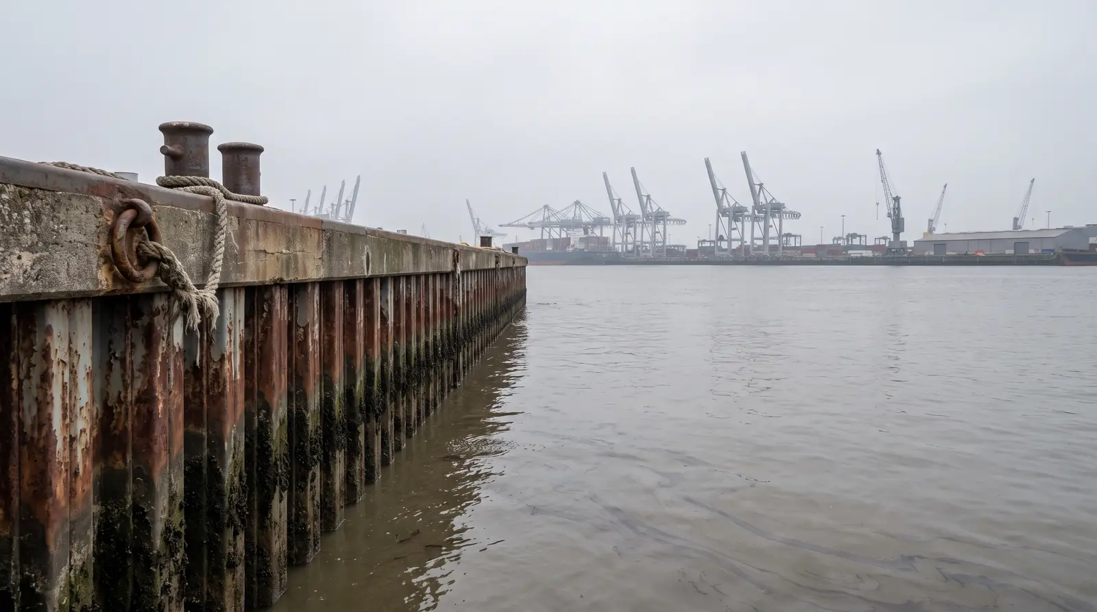 Rostige Spundwand mit zwei Pollern und einem Tau am Hamburger Hafenbecken, an der Wand die dunkle Tidemarke, dahinter über dem trüben Elbwasser die Containerbrücken und Hafenkräne im Dunst