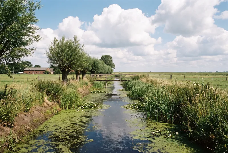 Schmaler Marschgraben im Hochsommer, Entengrütze und Seerosen liegen an den Rändern, in der Mitte bleibt eine offene Wasserrinne, an den Ufern Schilf, Kopfweiden und ein Holzsteg, dahinter flache Weiden bis zum Horizont