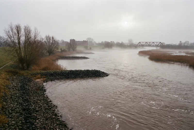 Braune Tideweser bei auflaufendem Wasser im Morgendunst, eine Steinbuhne schiebt sich von links in die Strömung, am Ufer grober Blockwurf, kahle Weiden und Röhricht, im Hintergrund eine Eisenbahnbrücke