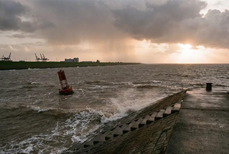 Weite Wesermündung bei auffrischendem Wind, Schaumkronen schlagen gegen eine gestufte Betonmole, davor eine rote Fahrwassertonne, am flachen Horizont ein Regenschauer und die Containerkräne des Hafens
