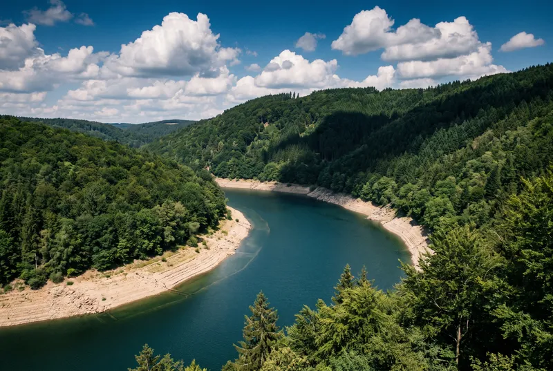 Blick von einem bewaldeten Hang auf einen gewundenen Talsperrenarm mit tiefblauem Wasser, am Ufer ein heller Streifen trockengefallener Grund unter dichtem Sommerwald