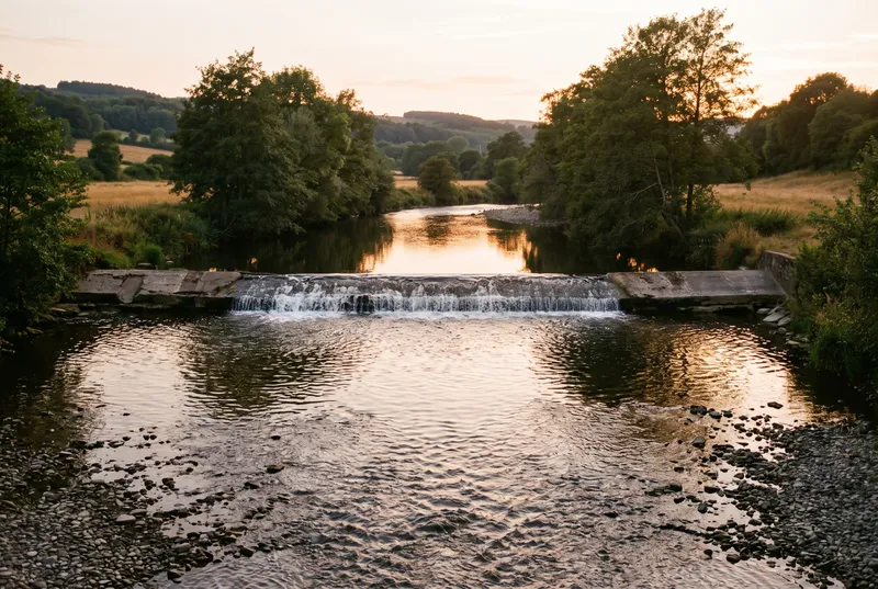 Niedriges Wehr in einem kiesigen Mittelgebirgsfluss, davor der ausgespülte Kolk über Kies, an den Ufern Erlen und Wiesen im warmen Abendlicht