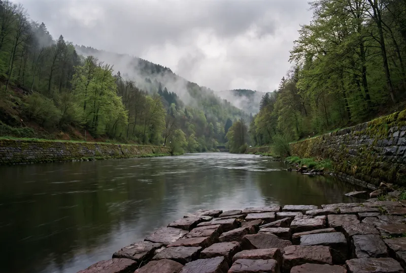 Neckar im engen Waldtal, im Vordergrund eine nasse Uferpflasterung aus rotem Sandstein, an den steilen Hängen hängen Wolkenfetzen im frischen Buchengrün