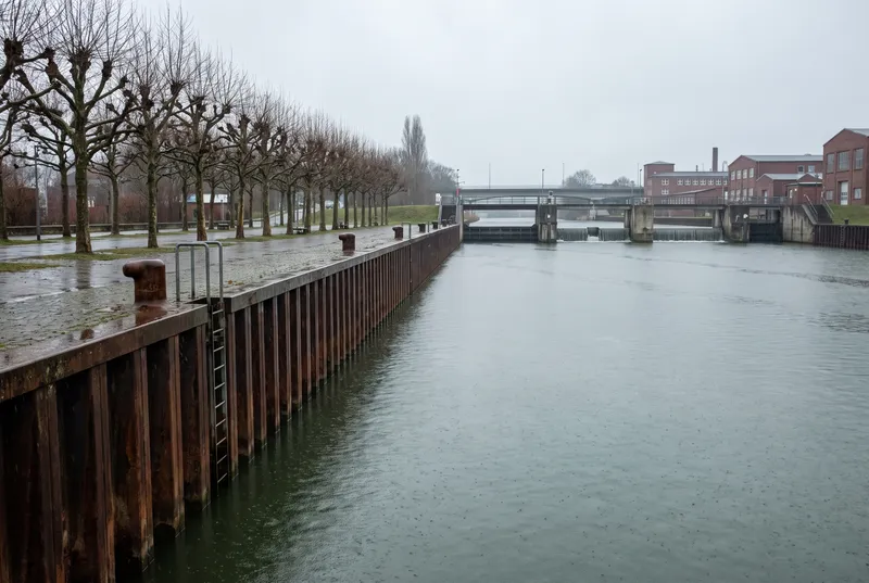 Gestauter Main entlang einer rostigen Spundwand mit Pollern und Steigleiter, dahinter Wehr und Schleuse vor einer Backsteinfabrik im Winterregen