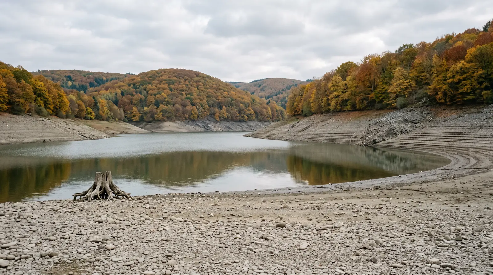 Talsperre mit weit gefallenem Wasserstand, im Vordergrund ein freigefallener Kiesstreifen mit altem Baumstumpf, an den Hängen waagerechte Wasserstandslinien unter herbstlichem Laubwald