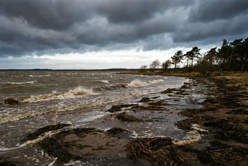 Sturm über einem flachen Bodden, braungrünes Wasser mit Schaumkämmen läuft auf einen dunklen Sandstrand voll angespülter Schilfreste, rechts windgeschorene Kiefern unter Schauerwolken