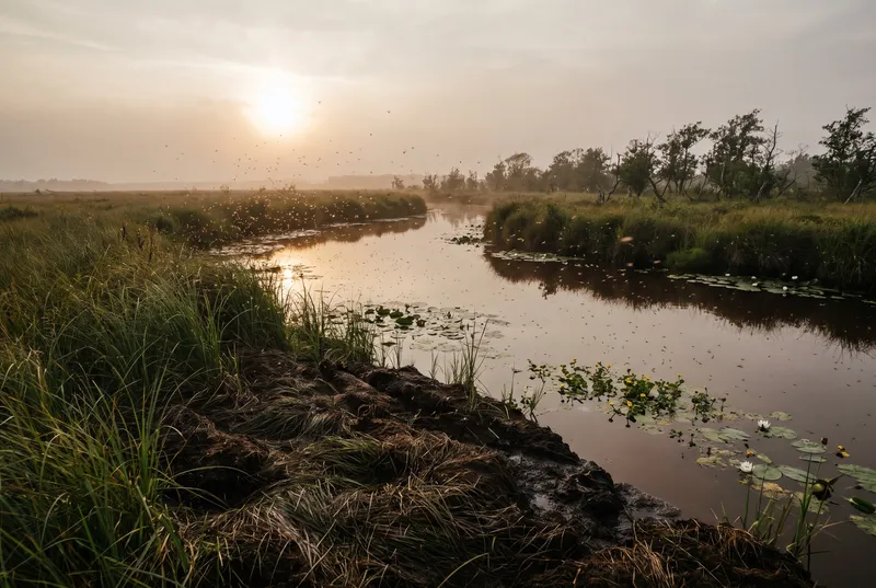 Schmaler Moorfluss mit fast schwarzem, stillem Wasser windet sich durch flaches Niedermoor, vorn eine weiche Torfkante mit Seggen, an den Rändern Seerosen und Mückenschwärme im Gegenlicht