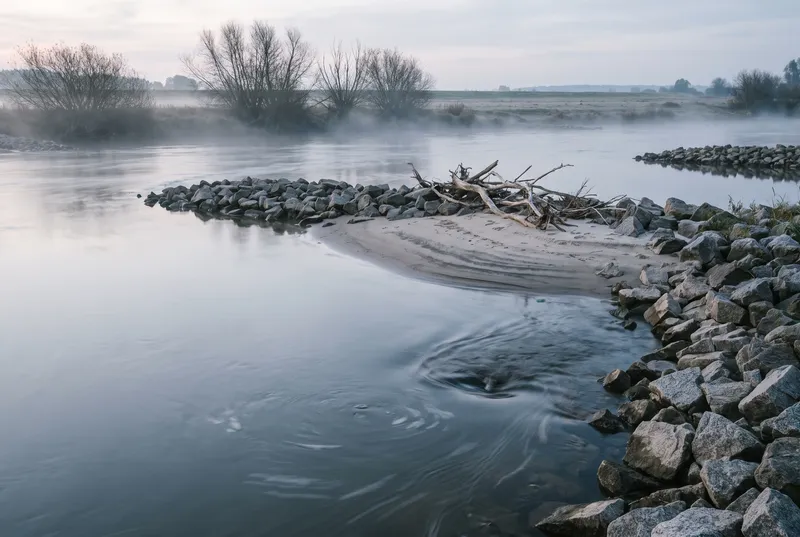 Steinbuhne aus grobem Granit ragt in die Elbe, dahinter eine Sandbank mit Treibholz und Nebelschwaden über dem glatten Wasser