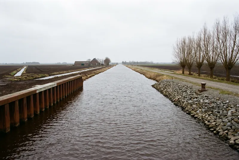 Schnurgerader Kanal mit braunem Wasser zwischen Spundwand und Steinschüttung, rechts ein Treidelweg mit kahlen Kopfweiden über flachem Ackerland unter grauem Himmel