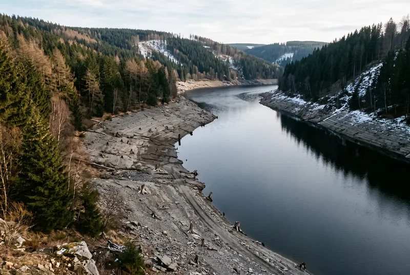 Blick von oben auf einen Talsperren-Arm im Harz bei Niedrigwasser, breiter grauer Trockenstreifen mit Baumstümpfen zwischen dunklem Wasser und verschneiten Fichtenhängen