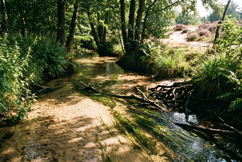 Schmaler Heidebach über hellem Sandgrund mit grünen Bändern Wasserhahnenfuß, Totholz und freigespülten Erlenwurzeln, dahinter blühende Heide auf einer sandigen Kuppe