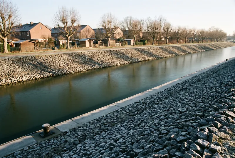 Schnurgerader Kanal an einem klaren Wintertag, beide Ufer tragen eine schräge Böschung aus grauen Wasserbausteinen, vorne ein Poller auf der Betonkante, gegenüber kahle Kopfbäume, Schrebergärten und Backsteinhäuser