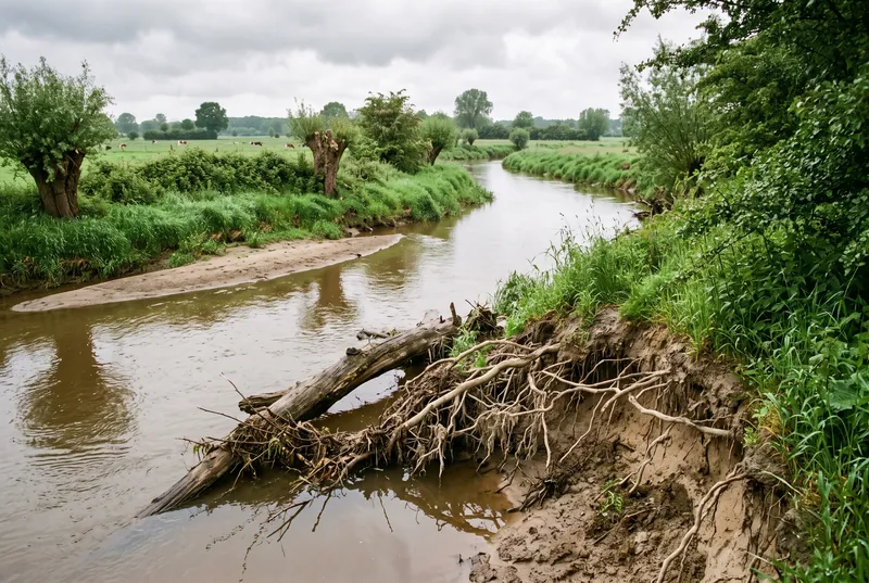 Sandiger Tieflandfluss nach Regen, am unterspülten Ufer hängt ein dichtes Wurzelgeflecht ins trübe Wasser, davor liegt ein umgestürzter Stamm, gegenüber eine Sandbank, Kopfweiden und eine Weide mit Rindern