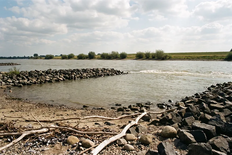 Breiter Rhein bei diesigem Sommerlicht, im Vordergrund eine Sandbank mit Treibholz und Muschelschalen, zwei Steinbuhnen aus dunklem Basalt ragen ins trübe Wasser, dahinter ein flacher grüner Deich