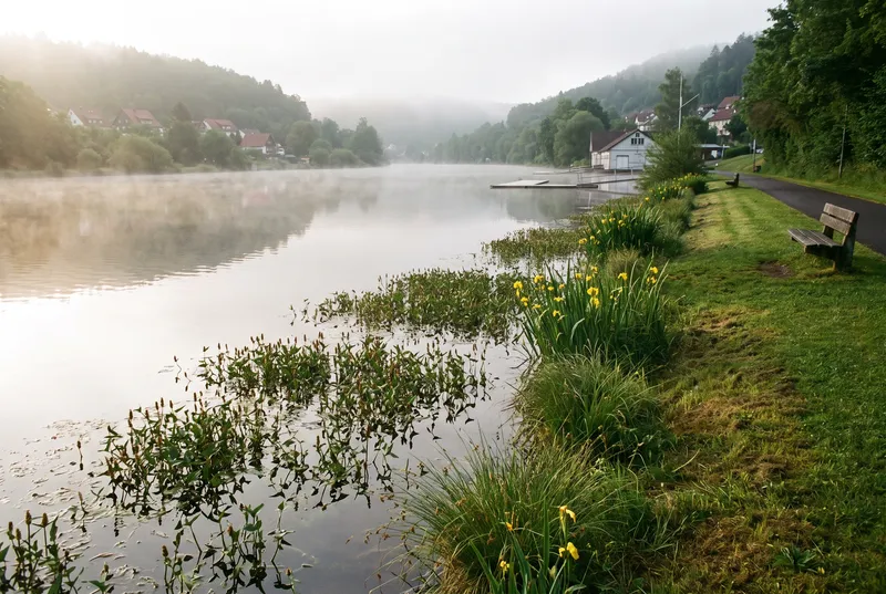 Flacher Stausee im Morgennebel, im Uferwasser stehen dichte Wasserpflanzen und gelbe Schwertlilien, rechts ein Uferweg mit Bank, gegenüber ein Bootshaus mit leerem Steg unter bewaldeten Hängen