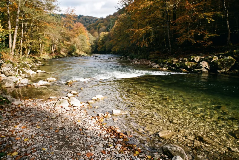 Klarer Kiesfluss im Herbst, flaches Wasser läuft über helle Kiesbänke und bricht in der Mitte weiß über eine Rausche, rechts grober Blockwurf am Ufer, ringsum buntes Laub im Tal