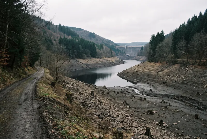 Talsperre bei niedrigem Wasserstand unter grauem Himmel, ein breiter Streifen aus Schlamm, Steinen und alten Baumstümpfen liegt trocken, links ein Waldweg, in der Ferne die Staumauer zwischen dunklen Fichtenhängen