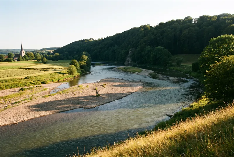 Breiter Fluss im Abendlicht, von einer Wiese oberhalb des Ufers gesehen, lange helle Kiesbänke teilen die Strömung, rechts ein steiler bewaldeter Hang, links Mähwiesen und ein Kirchturm