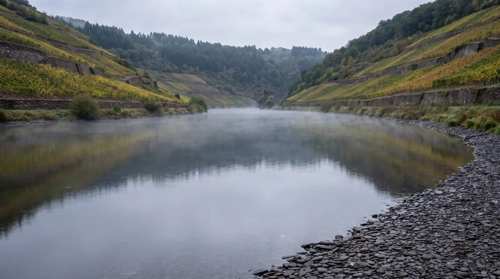 Enge Flussschleife im Morgendunst, an beiden Talhängen Weinbergsterrassen hinter Schiefermauern und darüber Wald, im Vordergrund eine flache Kiesbank aus Schieferplatten