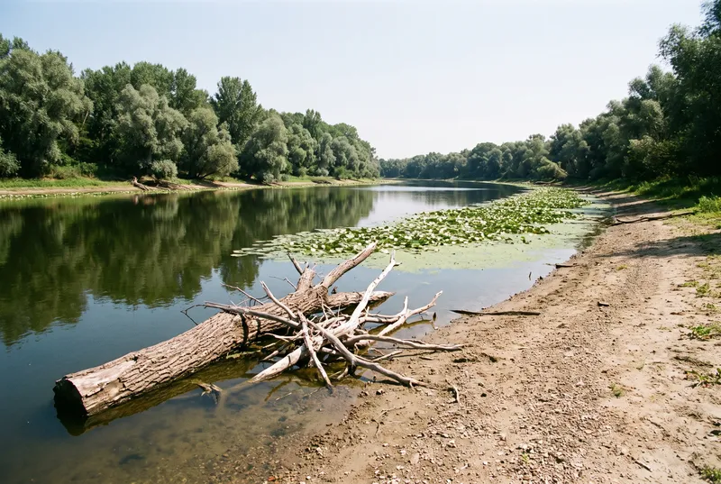 Stiller Altrheinarm im Hochsommer, im Vordergrund ein umgestürzter Baum auf der Sandbank, daneben ein breites Feld Seerosen vor Weidenwald