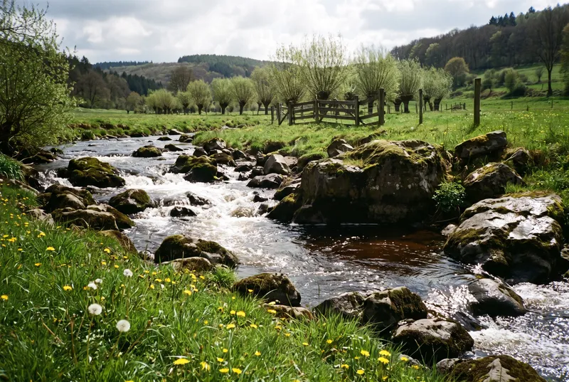 Rausche über moosigen Basaltblöcken im Frühling, dahinter eine Wiese mit Kopfweiden und Weidezaun vor bewaldeten Hügeln