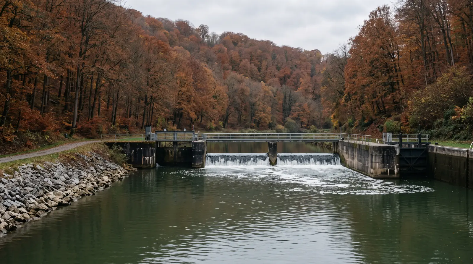 Betonwehr mit angrenzender Schleusenkammer quer über einem kanalisierten Fluss, darunter eine weiße Überfallkante im ruhigen Wasser. An beiden Hängen herbstlich gefärbter Buchenwald, am linken Ufer eine grobe Steinschüttung mit schmalem Uferweg darüber.