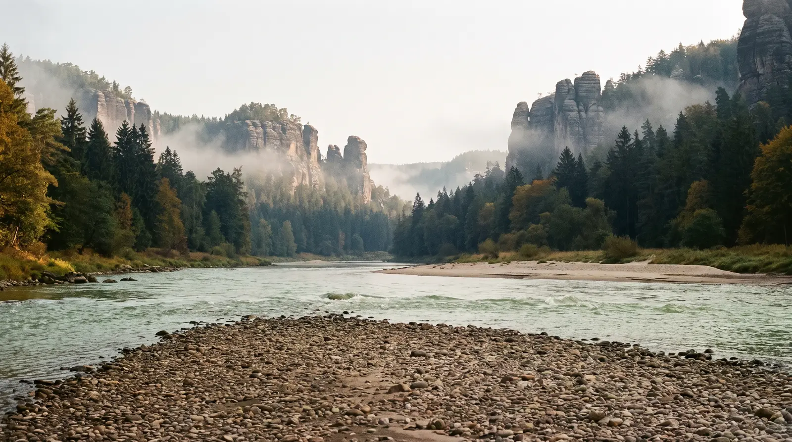 Breiter, frei fließender Fluss zwischen bewaldeten Sandsteinfelsen, einzelne Felsnadeln ragen im Frühnebel über den Nadelwald, im Vordergrund eine grobe Kiesbank am grünlichen Wasser