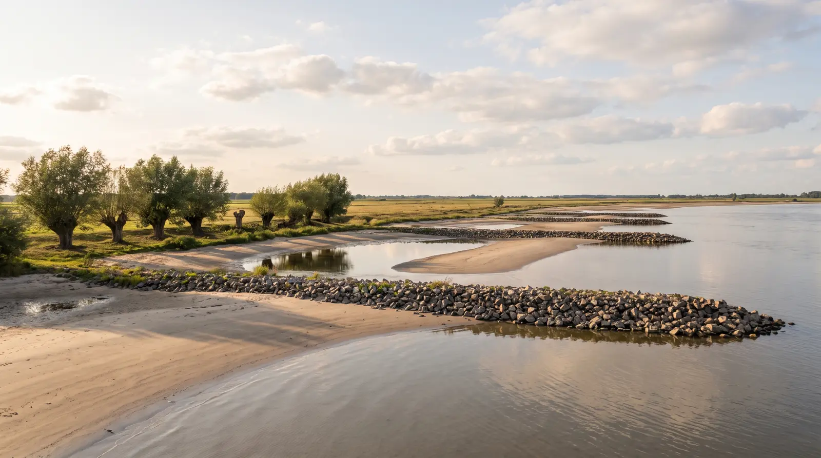 Breiter Tieflandstrom bei Niedrigwasser, zwei Steinbuhnen laufen quer ins Wasser und geben trockengefallene Sandbänke frei. Am Ufer eine Reihe alter Kopfweiden, dahinter flache Auenwiesen unter weitem Nachmittagshimmel