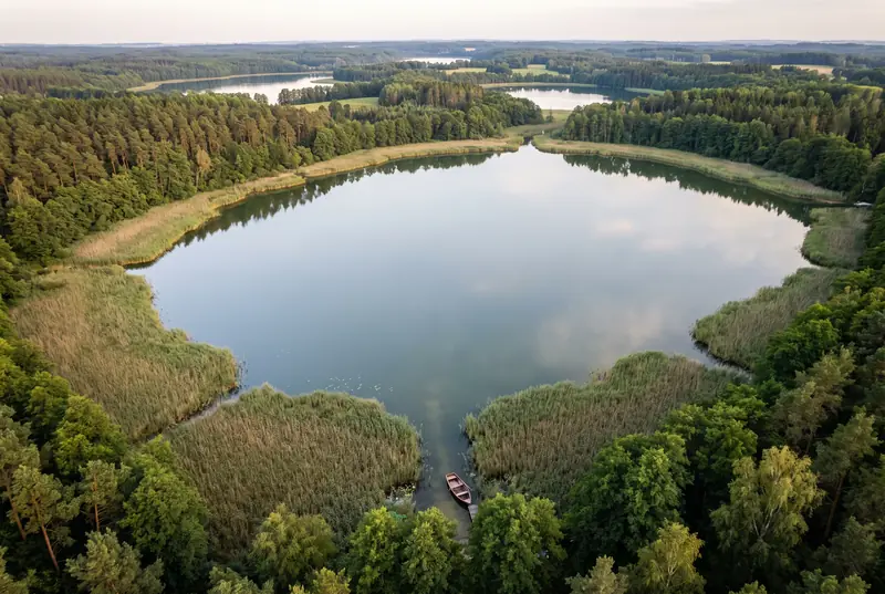 Luftbild einer Seenlandschaft mit Schilfgürtel und Wald