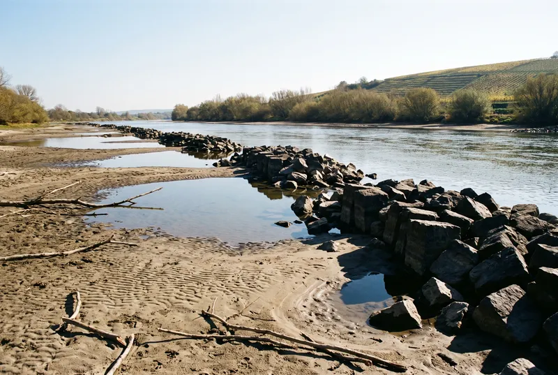 Trockengefallene Sandbank an einem breiten Fluss, eine lange Steinbuhne aus groben Blöcken zieht ins Wasser, dahinter ein Weinberghang