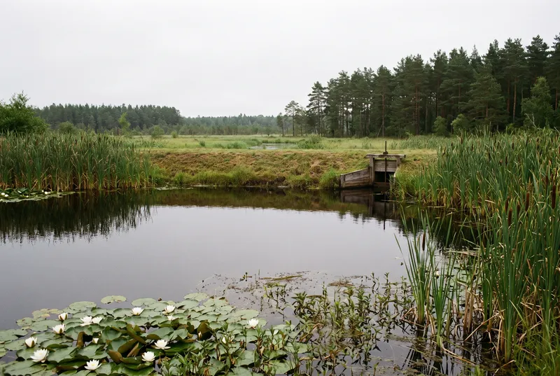 Flacher Teich mit spiegelglattem dunklen Wasser, Seerosen und Rohrkolben im Vordergrund, am Damm ein hölzernes Ablassbauwerk vor Kiefernwald