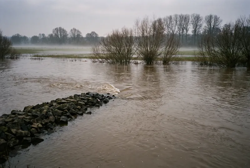 Steinbuhne aus grobem Blockwurf läuft in einen breiten, trüben Strom, dahinter halb überflutete Weidenbüsche und eine nebelverhangene Auenwiese unter grauem Morgenhimmel