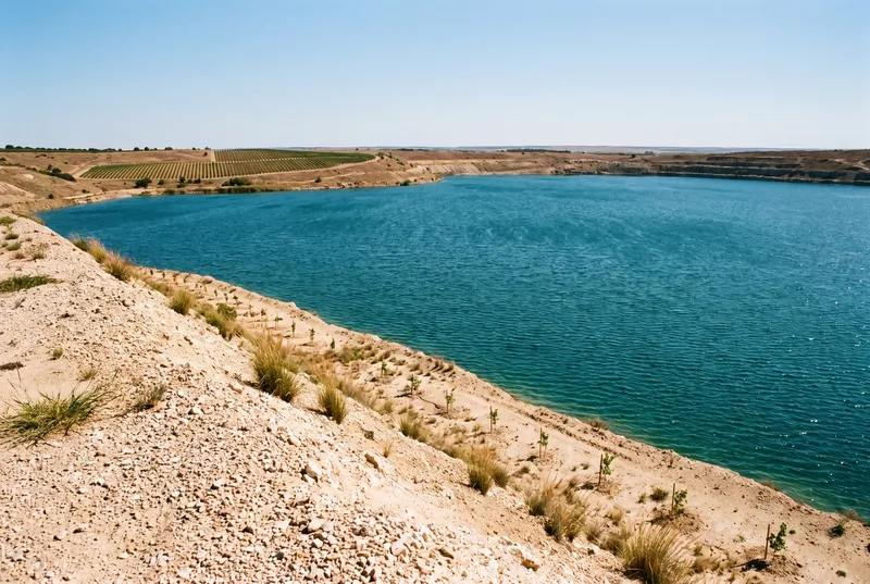 Junger Tagebausee mit tiefblauem Wasser, im Vordergrund ein roher Kies- und Sandhang mit einzelnen Grasbüscheln und jungen Setzlingen, am fernen Ufer Rebzeilen unter wolkenlosem Sommerhimmel