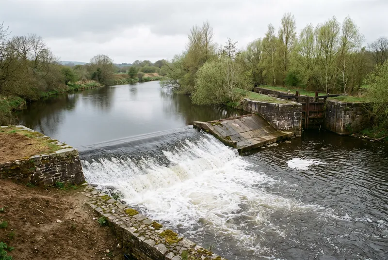 Niedriges Wehr quer über einen Fluss, weißes Wasser stürzt über die Schwelle, rechts eine alte Schleusenkammer mit Stahltoren, oberhalb steht das Wasser ruhig zwischen frisch ergrünten Ufergehölzen
