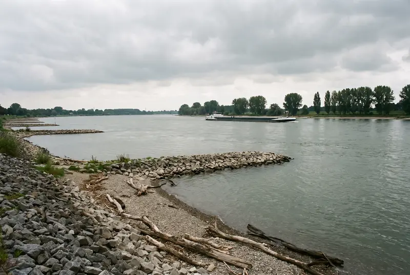 Breiter Strom mit Steinbuhnen am Ufer unter bedecktem Himmel