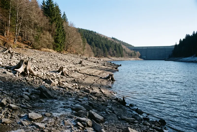 Weit abgesenkter Stausee an einem klaren Wintertag, freigefallenes Geröllufer mit alten Baumstümpfen, dahinter die Staumauer zwischen Fichtenhängen
